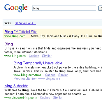 A Google inquiry for "bing" serves hilarious results.